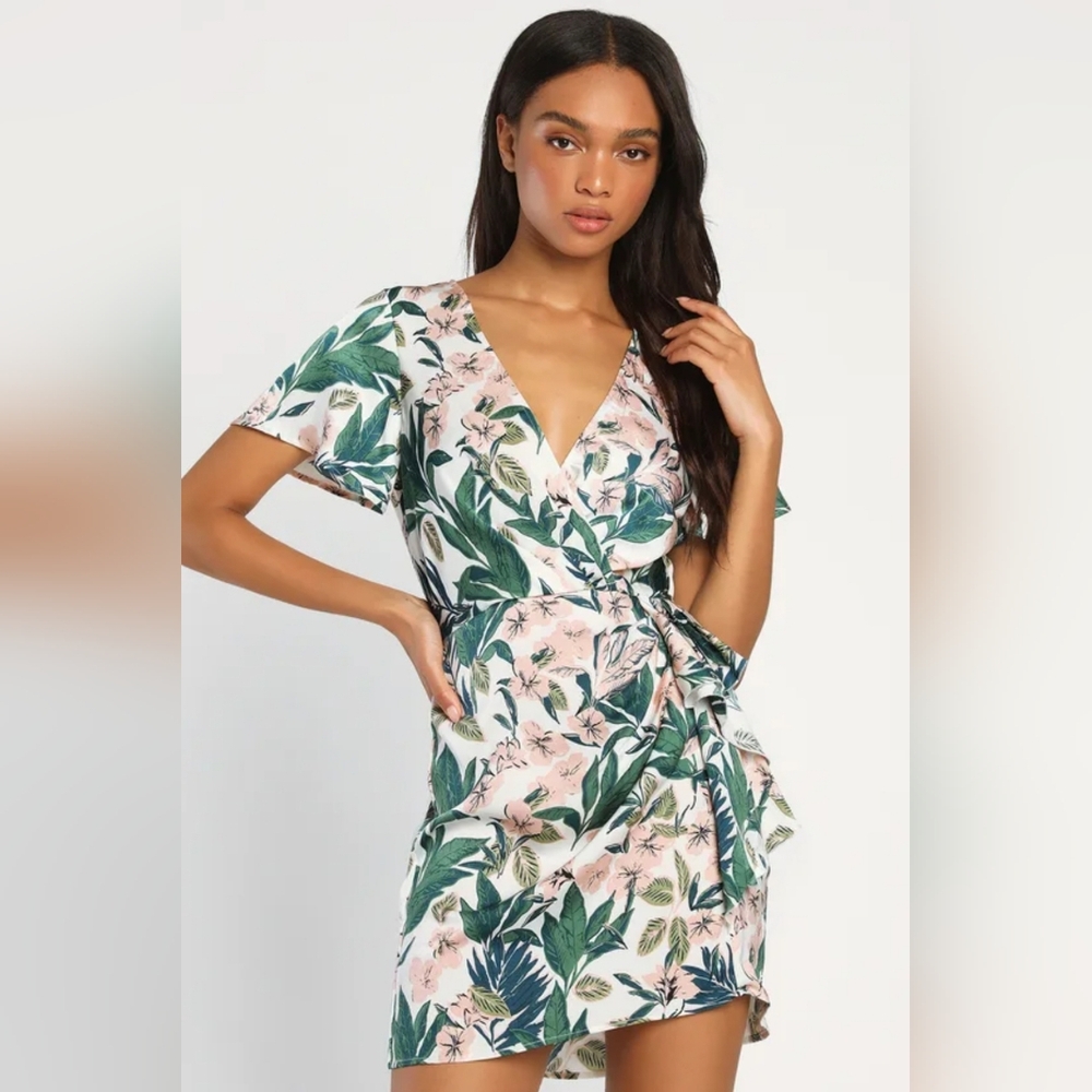 Lush Loving White Tropical Floral Flutter Sleeve Mini Dress